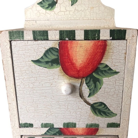 VTG 3 Drawer Kitchen Cupboard Shelves Hand Painted Apples On The Vine 13X5.5X4 - Picture 3 of 6